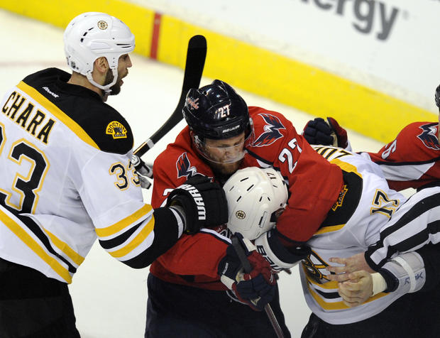 Karl Alzner  mixes it up with Milan Lucic 