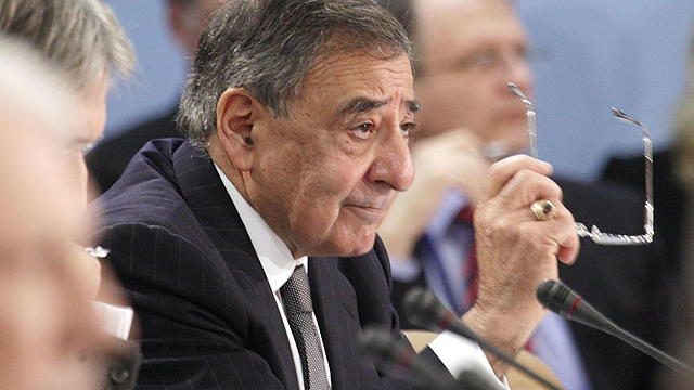 United States Secretary of Defense Leon Panetta, center, gestures while speaking during a round table of NATO Defense Ministers at NATO headquarters in Brussels on April 18, 2012.  