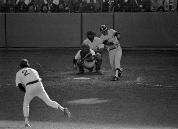 Bucky Dent hits a home run off a pitch from Boston Red Sox Mike Torrez 