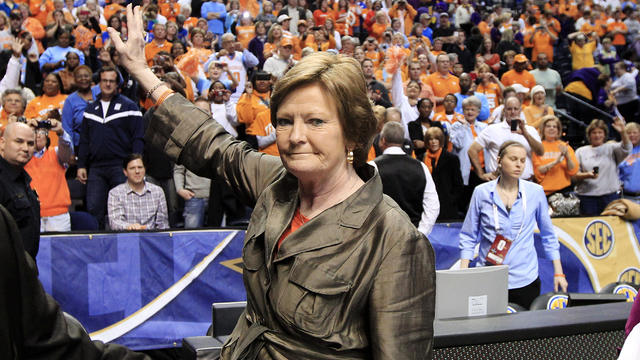 Tennessee head coach Pat Summitt waves to the fans  