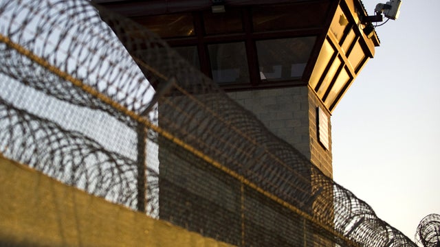 This image reviewed by the U.S. military shows the guard tower at the entrance to Camp Five and Camp Six detention facilities of the Joint Detention Group at the U.S. Naval Station in Guantanamo Bay, Cuba, Jan. 19, 2012. 