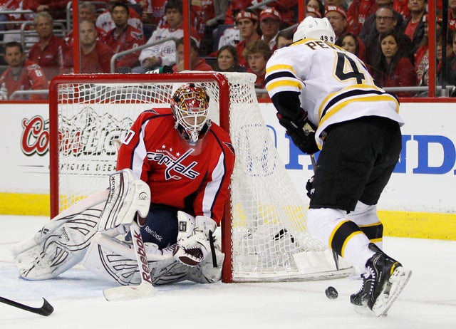 Braden Holtby makes a stop against Rich Peverley 