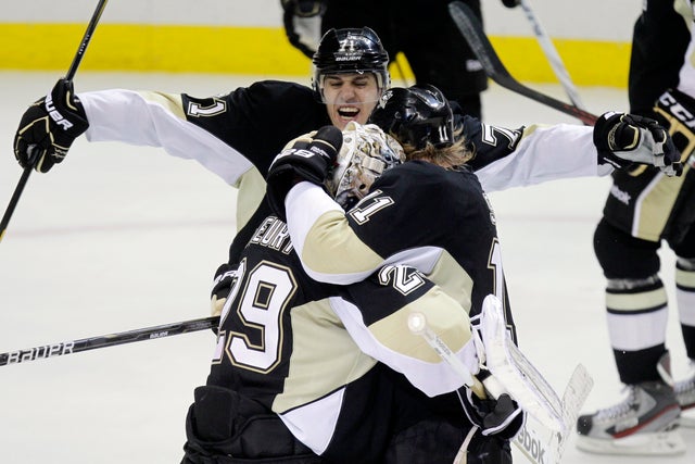 Marc Andre-Fleury celebrates a 3-2 win over the  Philadelphia Flyers  