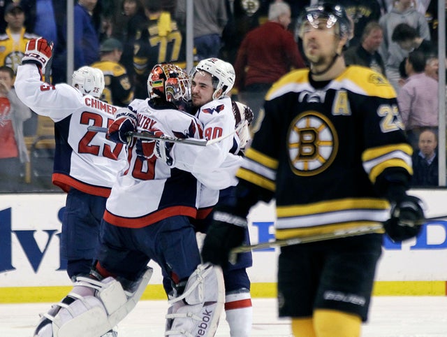 Braden Holtby celebrate the Capitals' 2-1 win 