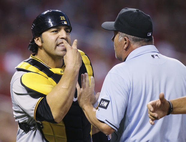 Rod Barajas gestures as he continues to argue after being thrown out of the game 