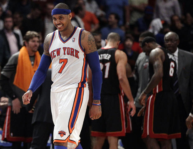 Carmelo Anthony reacts during  timeout 