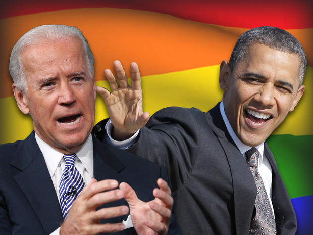 President Obama and Vice President Biden over rainbow flag 