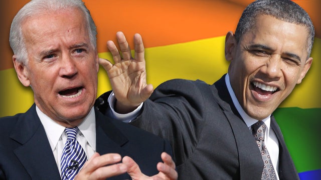 President Obama and Vice President Biden over rainbow flag 