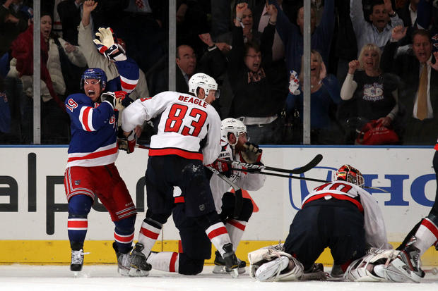 Brad Richards celebrates after scoring a goal to tie up the game  