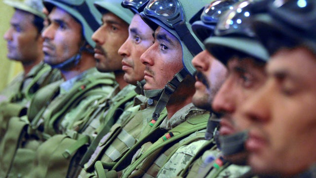 Afghan commandos line up during an awards ceremony at police headquarters in Kabul, Afghanistan, April 22, 2012. 