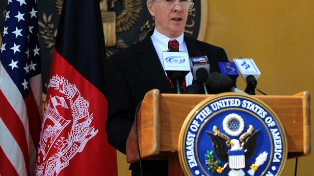 U.S. Ambassador to Afghanistan Ryan Crocker speaks to journalists during a press conference in Kabul, Afghanistan, Sept. 22, 2011. 