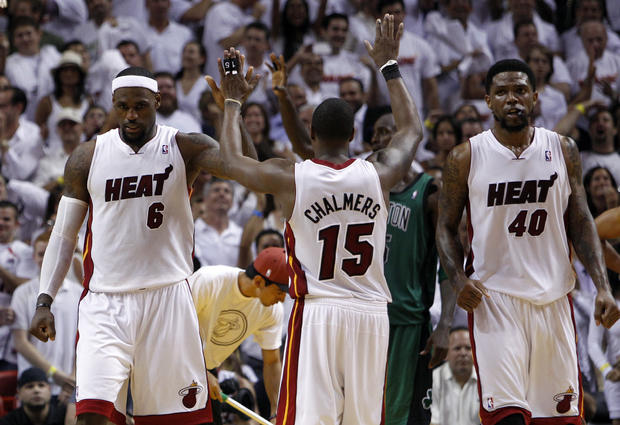 LeBron James, Mario Chalmers  celebrate after the Heat moved ahead  