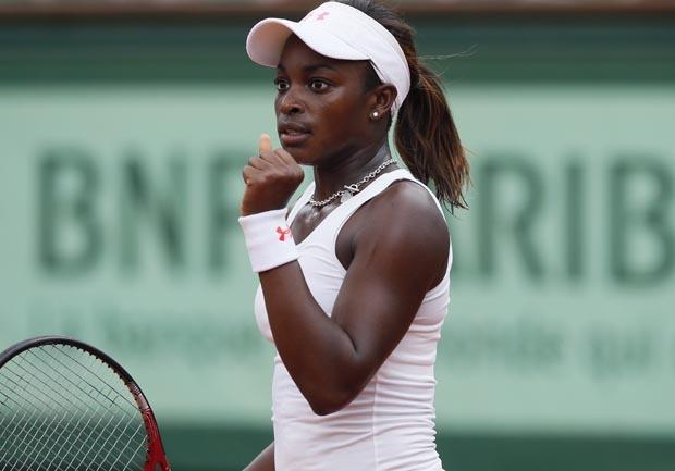 Sloane Stephens reacts after a point  