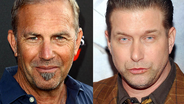 Actors Kevin Costner, seen attending a premiere May 21, 2012, and Stephen Baldwin, attending a premiere Jan. 10, 2012, are seen in this side-by-side image. 