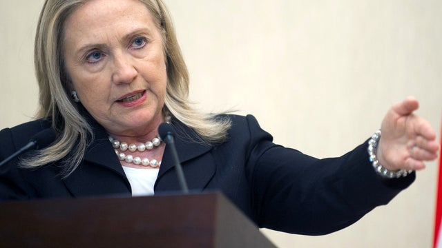 U.S. Secretary of State Hillary Clinton holds a joint press conference at Heydar Aliyev International Airport in Baku, Azerbaijan, June 6, 2012. 