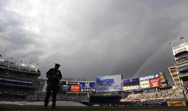 A rainbow is seen over Yankee Stadium  