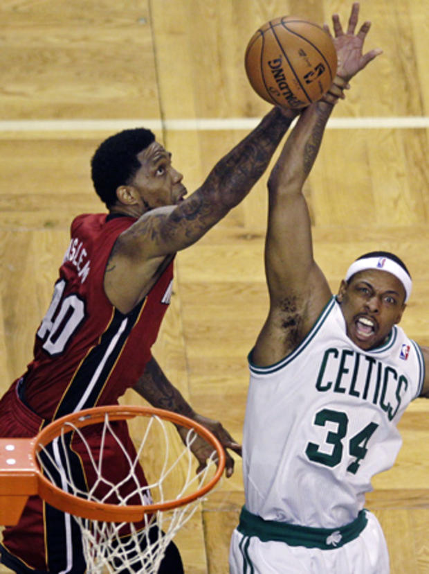 Paul Pierce is fouled by Udonis Haslem 