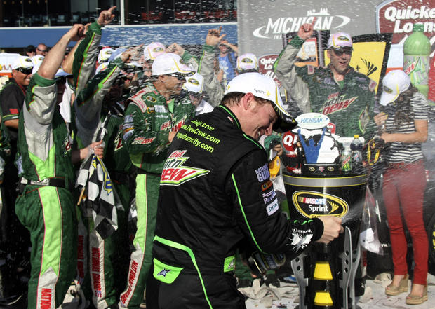 Dale Earnhardt Jr. celebrates after winning the NASCAR Sprint Cup Series  