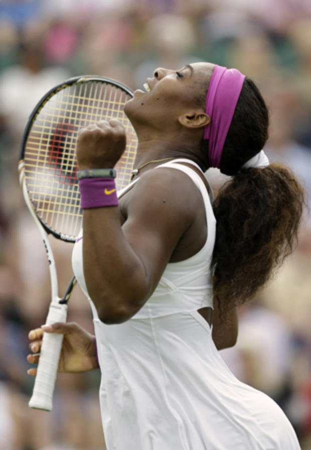 Serena Williams reacts during a first round women's singles match  