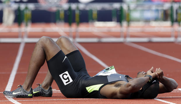 Bershawn Jackson reacts after finishing the men's 400 meter hurdles fina 