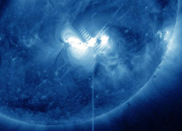This still from a NASA video shows a Fourth of July solar flare from sunspot AR1515 on the sun on July 4, 2012 as seen by NASA's Solar Dynamics Observatory. 