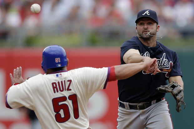 Dan Uggla  throws to first after forcing out Carlos Ruiz 