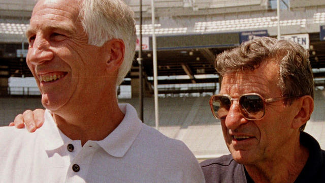 August 1999 file photo shows Penn State head football coach Joe Paterno, right, posing with his defensive coordinator, Jerry Sandusky, in State College, Pa. 