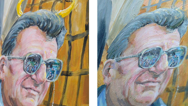 This combination of two photos shows a detail of a mural by Michael Pilato in State College, Pa., depicting a halo over the late Penn State football coach Joe Paterno on Jan. 23, 2012, left, and the halo removed by the artist on July 14, 2012. 