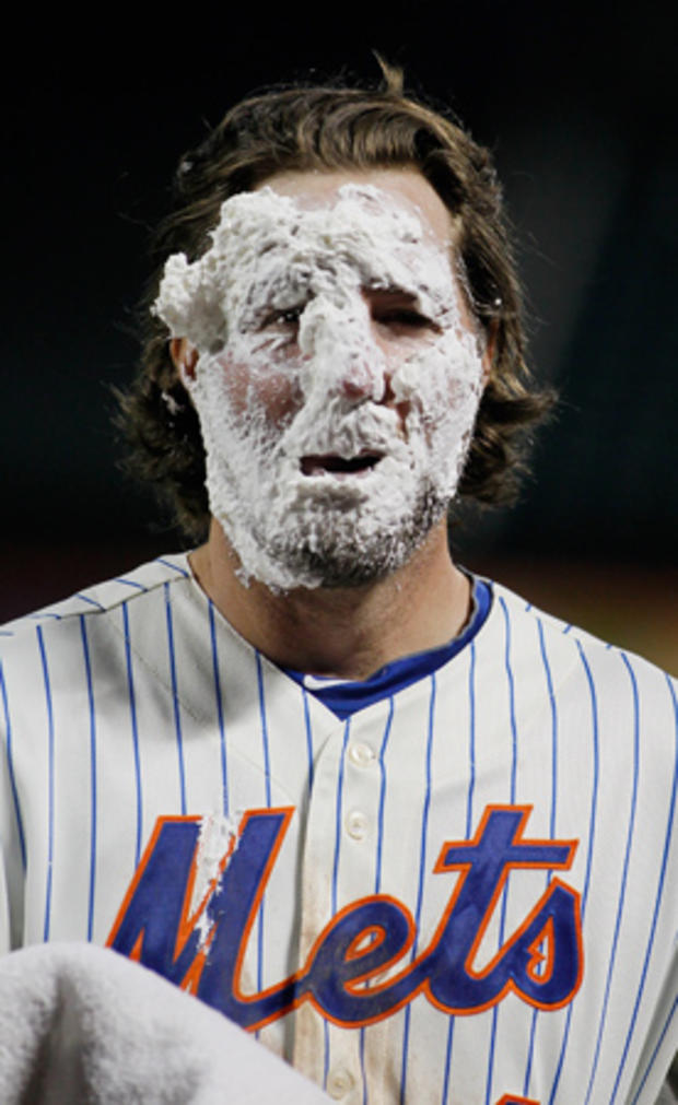 R.A. Dickey gets a shaving cream pie in the face 