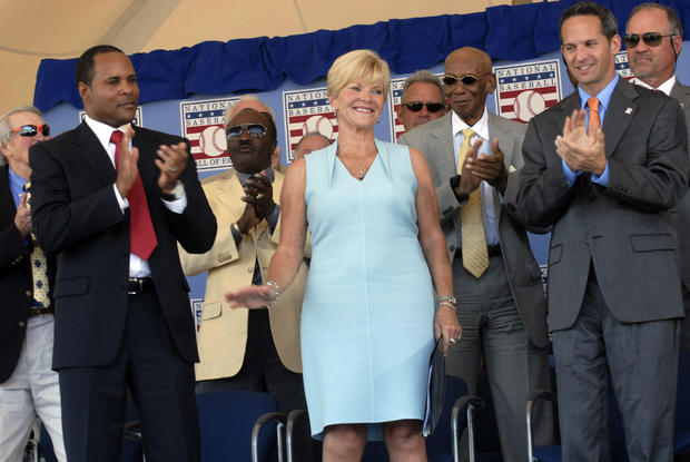 Vicki Santo is applauded after her speech at the National Baseball Hall of Fame 
