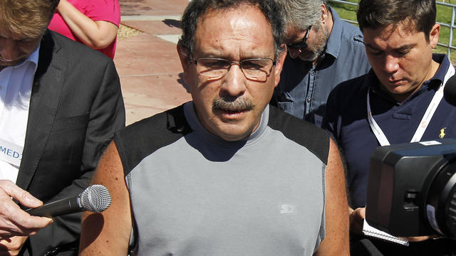 David Sanchez, whose son-in-law was critically wounded, speaks after a court appearance by shooting suspect James Holmes at the Arapahoe County Courthouse, Monday, July 23, 2012, in Centennial, Colo. 