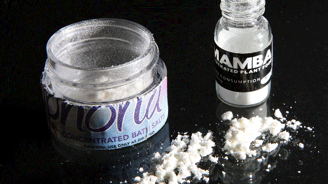 In this Jan. 26, 2011 file photo, containers of bath salts, synthetic stimulants that mimic the effects of traditional drugs like cocaine and speed, sit on a counter at Hemp's Above in Mechanicsburg, Pa.  