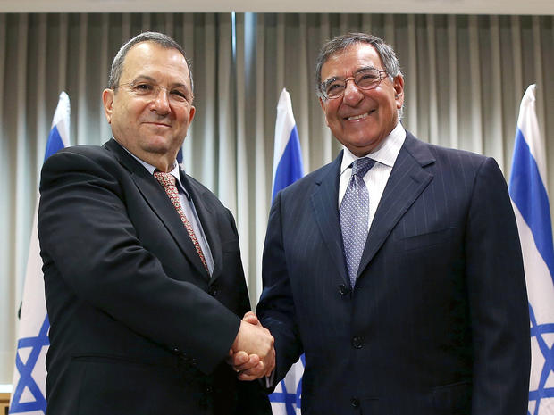 Secretary of Defense Leon Panetta shakes hands with Israeli Defense Minister Ehud Barak 