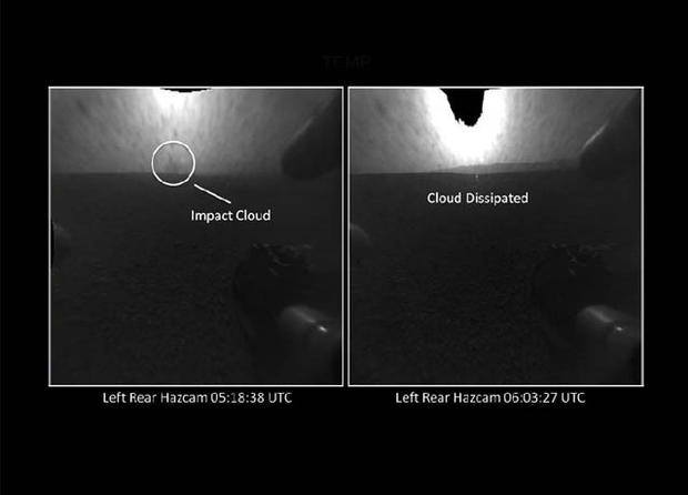 The distant blob seen in the view on left, taken by a Hazard-Avoidance camera on NASA's Curiosity rover, may be a cloud created during the crash of the rover's descent stage. Pictures taken about 45 minutes later (right) do not show the cloud, providing f 