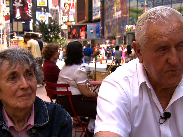 George Mendonsa and Greta Friedman at scene of classic photo taken by George Eisenstaedt in Times Square on VJ Day in 1945, as Japan's surrender was being cleebrated 