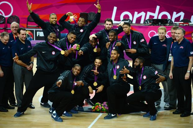 U.S. gold medalists pose on the podium after winning the London 2012 Olympic Games men's gold medal basketball game in London on Aug.12, 2012. 