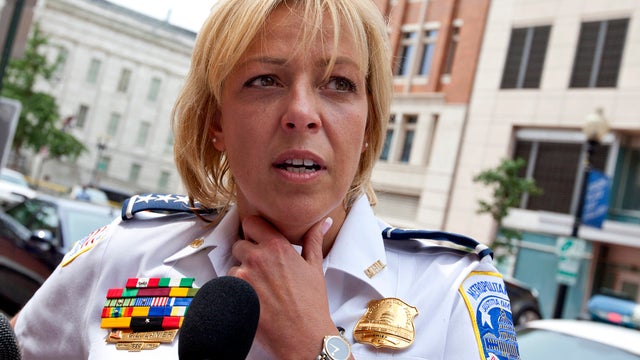 Metropolitan Police Chief Cathy Lanier meets with reporters near the Family Research Council in Washington Aug. 15, 2012, after a security guard for the lobbying group was shot in the arm. 