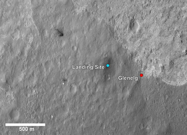 This image shows a closer view of the landing site of NASA's Curiosity rover and a destination nearby known as Glenelg. Curiosity landed inside Gale Crater on Mars on Aug. 5 PDT (Aug. 6 EDT) at the blue dot. It is planning on driving to an area marked wit 