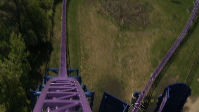 View from seat on Bizarro roller-coaster, Six Flags, New England 