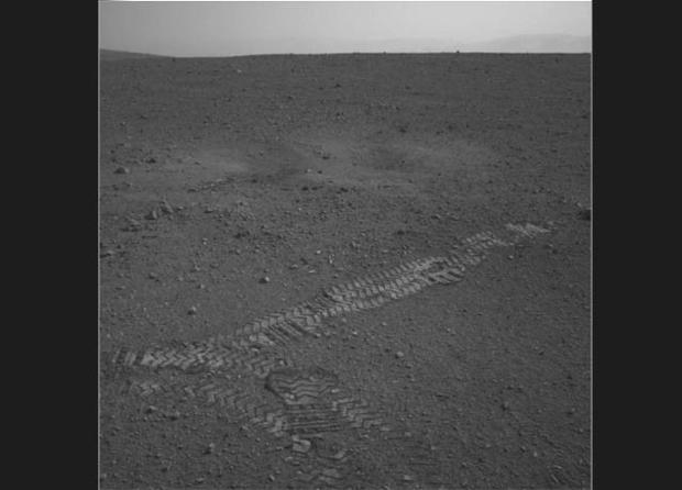 Tracks in the Martian soil from Curiosity's first test drive on Aug. 22. 