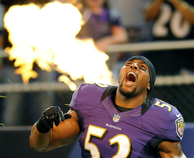 Ray Lewis reacts as he is introduced  