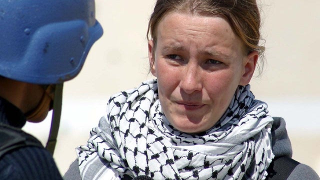 Rachel Corrie during March 14, 2003 interview with MBC Saudi Arabia television in Rafah refugee camp in Gaza Strip. Corrie was run over and killed by Israeli bulldozer two days later. 