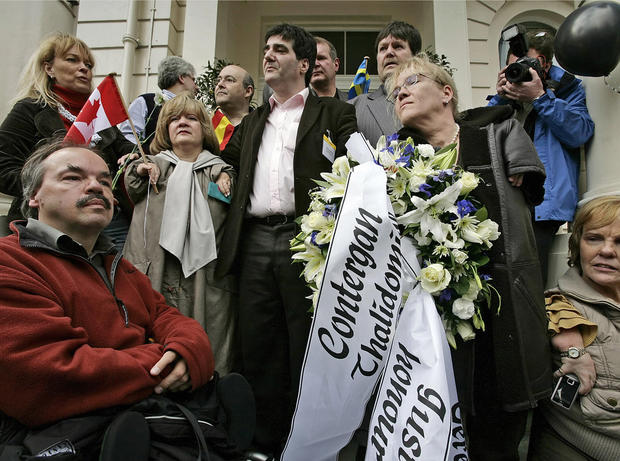 Campaigners from the International Contergan Thalidomide Alliance, many who were victims of the drug themselves, attend a protest outside the German embassy in London, April 3, 2008. 