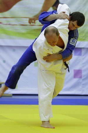 Vladimir Putin takes part in a judo training session 