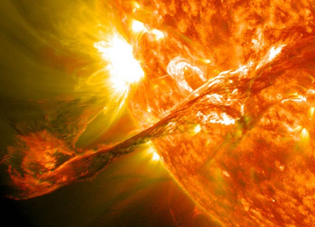 This image shows a close-up of the huge solar prominence of Aug. 31, 2012, is clear in this full-disk image of the sun by NASA's Solar Dynamics Observatory in the 304 and 171 angstrom wavelengths. 