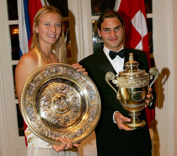 Maria Sharapova of Russia and Roger Federer of Switzerland pose for photographs  