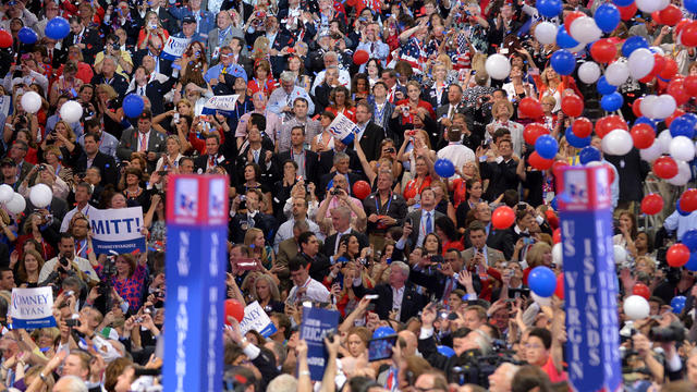 Supporters of Republican presidential candidate Mitt Romney cheer following Romney's address at the Republican National Convention at the Tampa Bay Times Forum in Tampa, Fla., Aug. 30, 2012. 