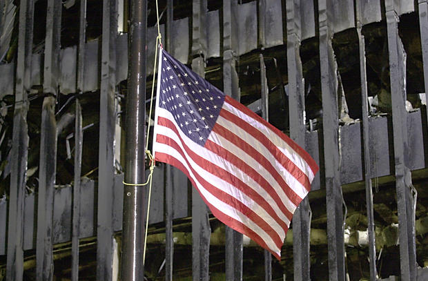 An American flag flies at the base of the World Trade Center 
