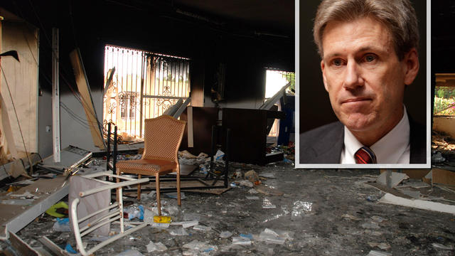 Glass, debris and overturned furniture are strewn inside a room in the gutted U.S. consulate in Benghazi, Libya, after an attack that killed four Americans, including Ambassador Chris Stevens, Wednesday, Sept. 12, 2012. The American ambassador to Libya an 