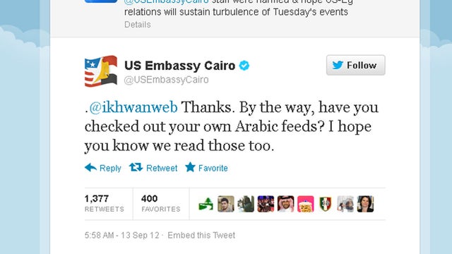 The U.S. Embassy in Cairo's Twitter account sent the above tweet to the Muslim Brotherhood, suggesting that the Egyptian political party was sending mixed messages in different languages. The tweet has since  been deleted. 